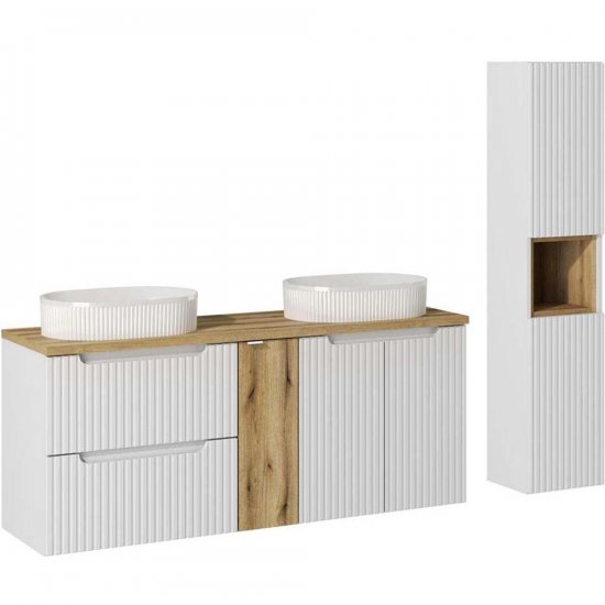 COMAD Zestaw mebli NOVA WHITE 3 szafki z blatem OAK 140 cm, 2 umywalki BEYOND 5, słupek 30 cm