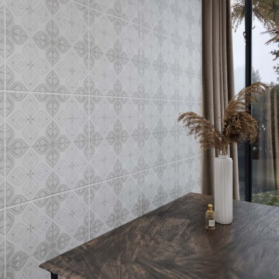 Gres szkliwiony PATCHWORK FLORES white-grey flores satin 29