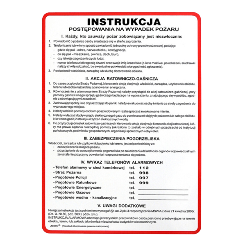 Instrukcja Ogólna „postępowania Na Wypadek Pożaru” Z Ip1 P Rozm 250x350 Anro 1426